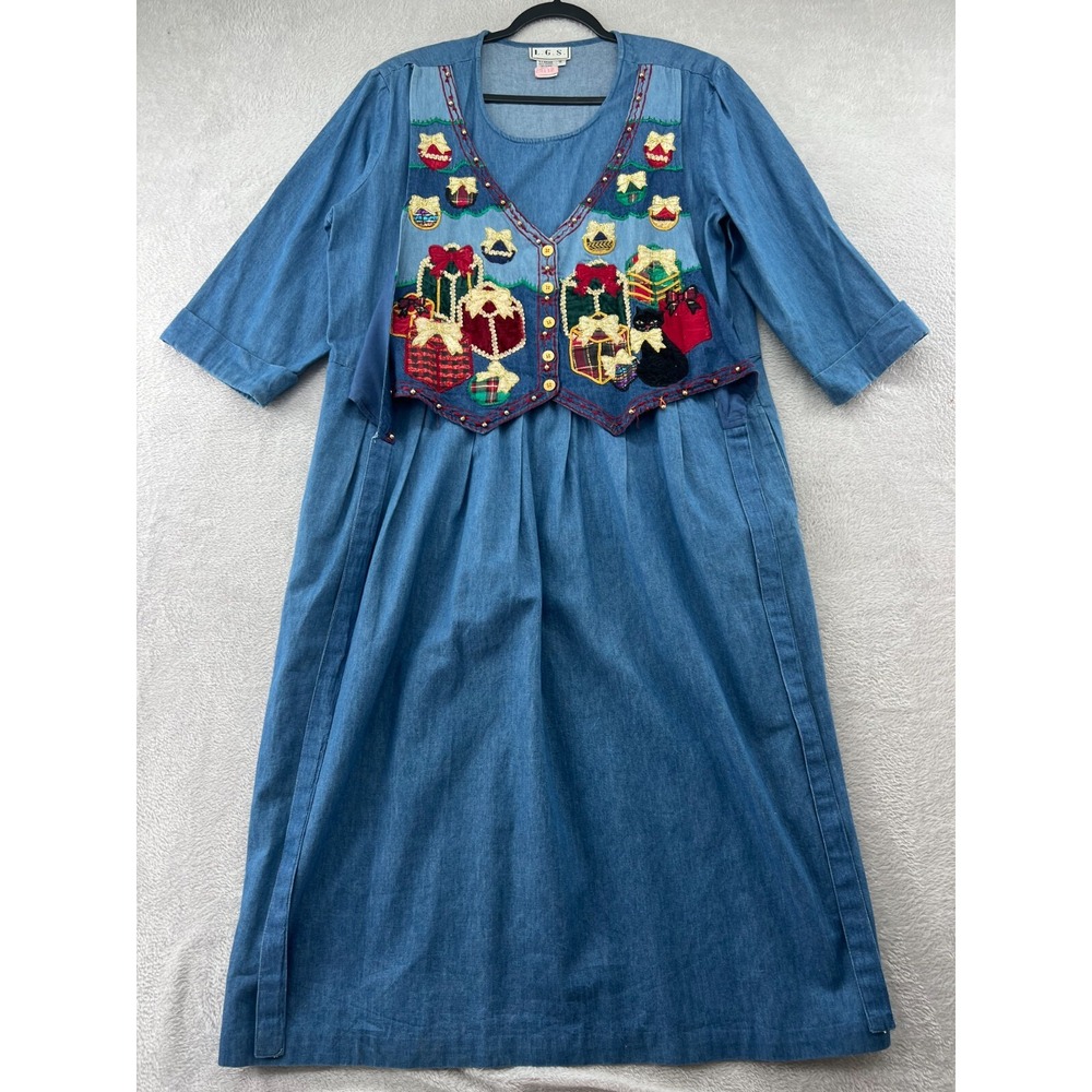 Vintage L.G.S Dress Women's Sz 16 Denim Christmas Dress Vest Black Cat Presents